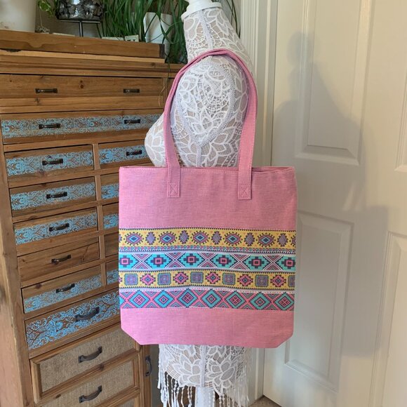 Tribal / Boho / Print Tote Bag - Pink Yellow Blue - Double Handle - NWT - Picture 2 of 7